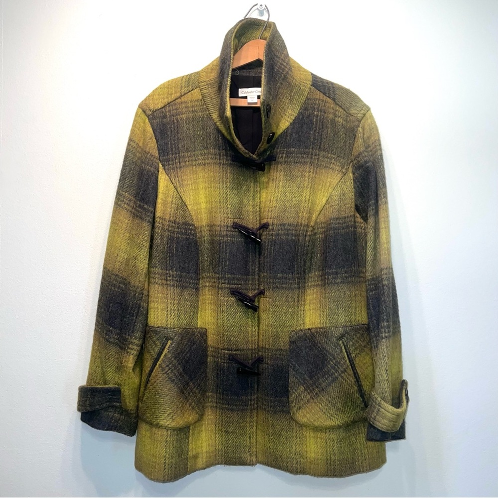 COLDWATER CREEK Lined Plaid Toggle Coat Jacket Greenish Yellow Gray $169 Sz 18